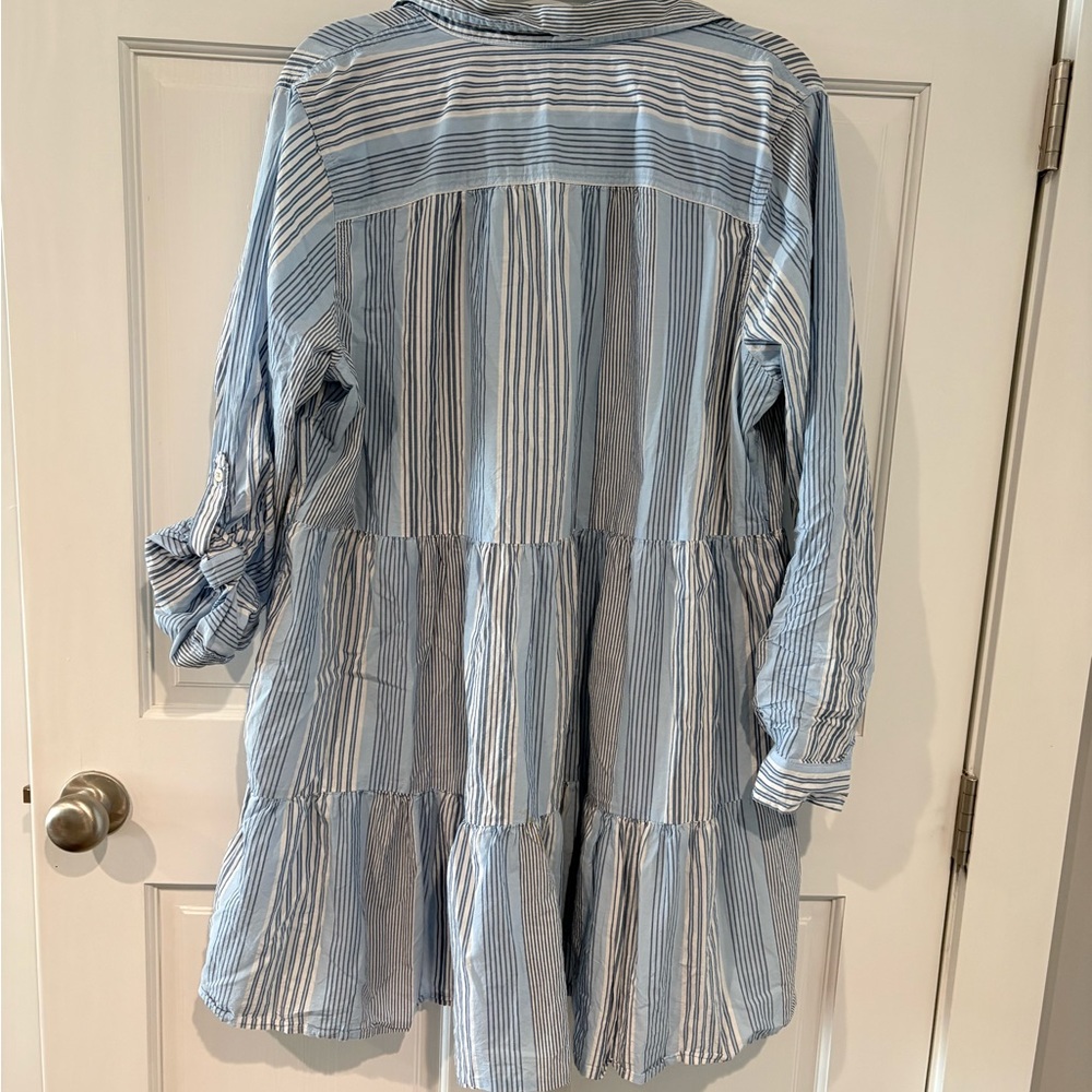 Time and Tru Light Blue and White Striped Tiered Shirt Dress